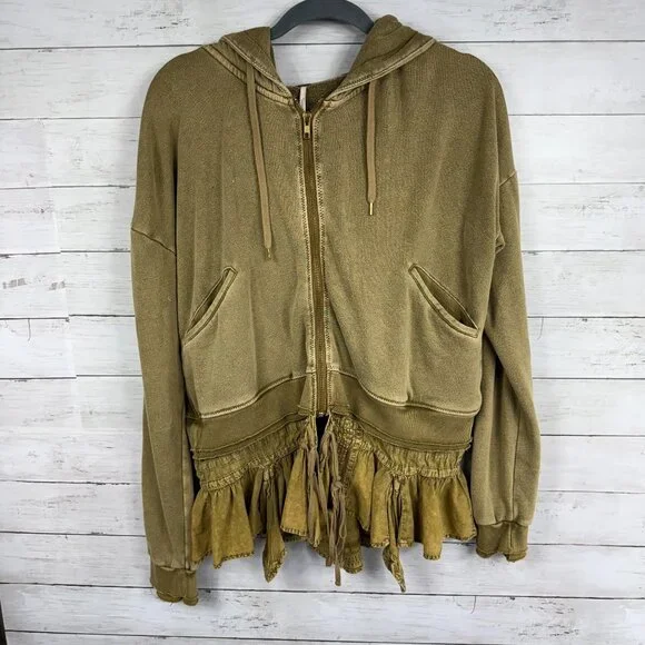 Free People Olive Green Frilly Zip Up Hoodie - Picture 1 of 4